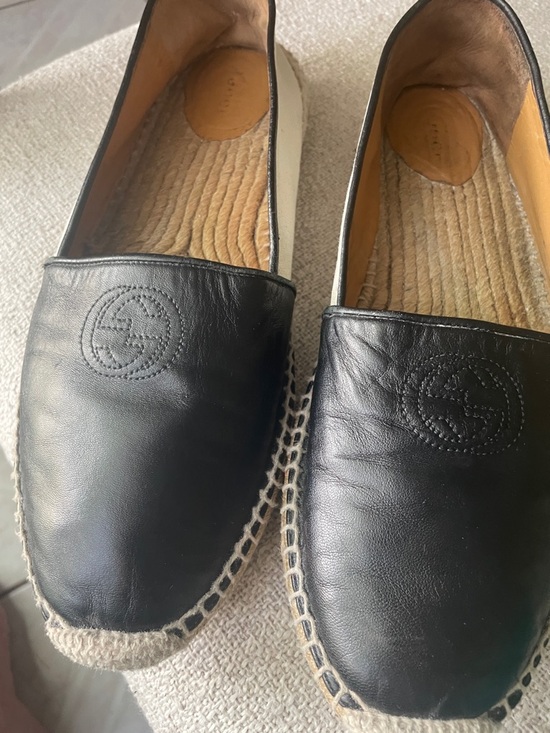 Gucci Shoes - Gucci Black Leather Women's Espadrilles with Embossed Logo